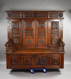Carved Oak Panelled Settle / Hall Bench