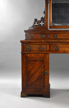 Antique Victorian Gothic Revival Oak Pedestal Dressing Table