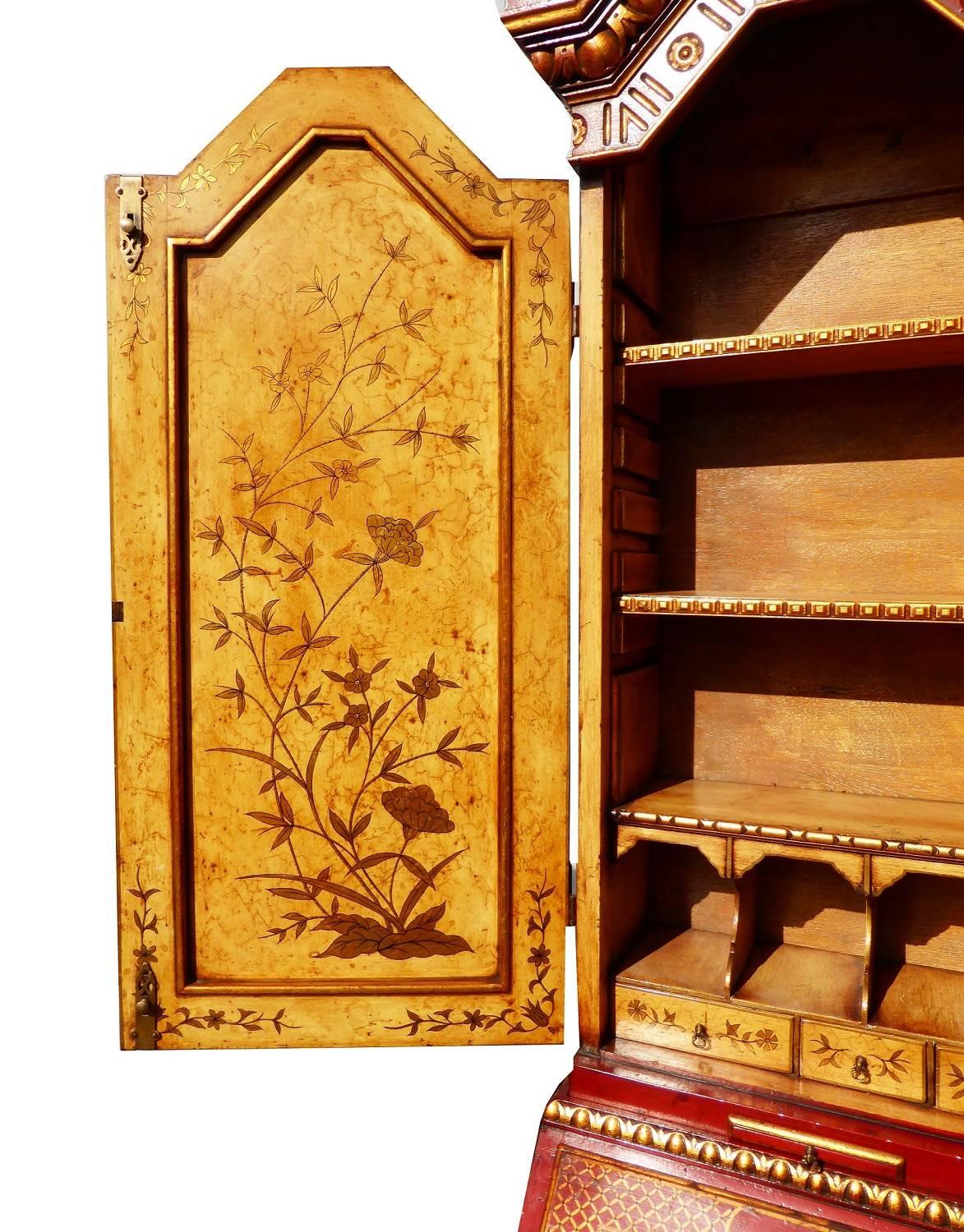 English  Late 19th/Early 20th Century Lacquer and Gilt Chinoiserie Secretary Bookcase