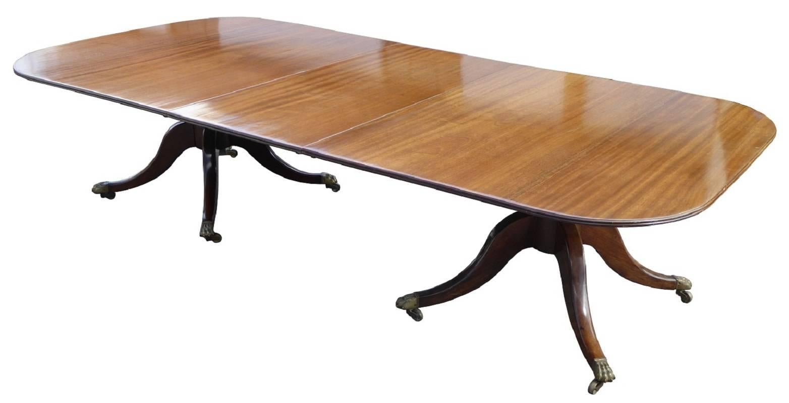 For sale is a good quality, large Regency style dining table. The table has a solid mahogany top, with two additional leaves. The table stands on two pedestals, each with splayed legs terminating on brass lion paw castors. The length of the table