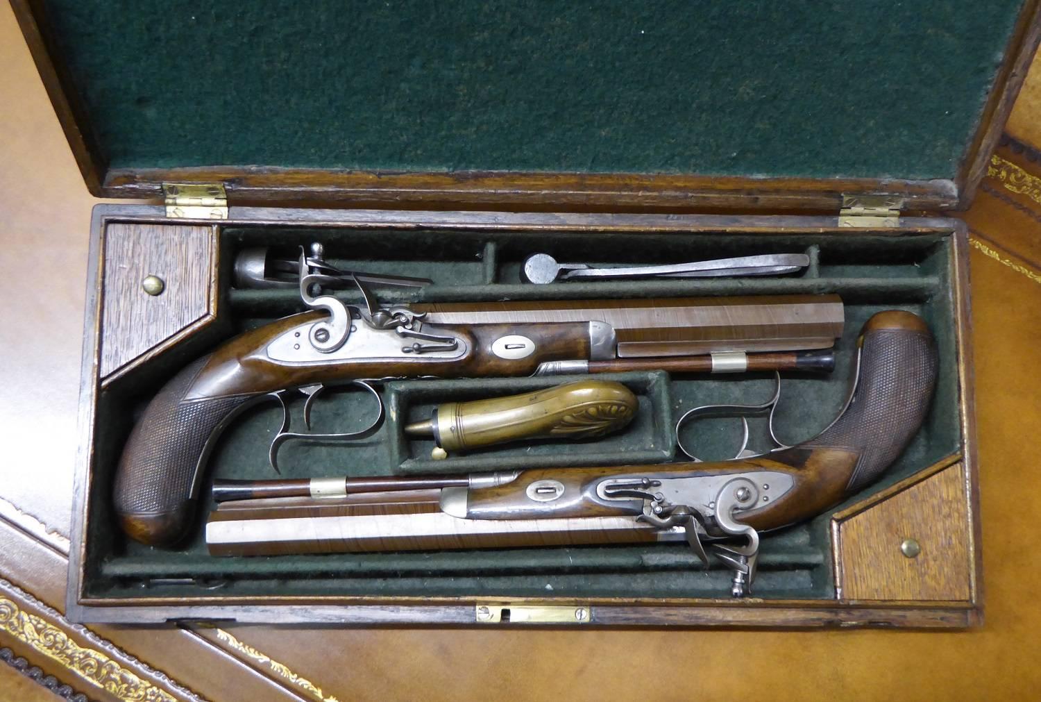 Steel 19th Century Pair of Cased Dueling Pistols