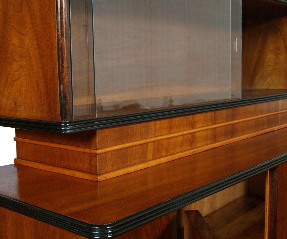 Early 20th Century Italian Art Deco Credenza with display cabinet , Burl Walnut For Sale