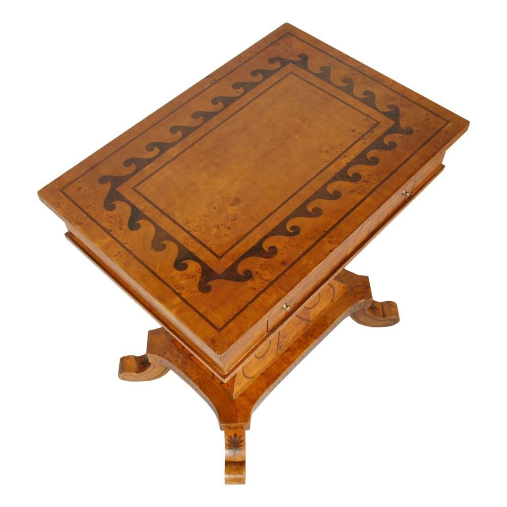 Mid 19th Century Swedish Table, Worktable, Biedermeier, inlaid Burl Elm walnut For Sale 1