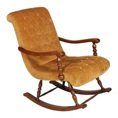 Midcentury Modern Velvet Capitonè Italian Original Rocking Chair in Walnut Frame