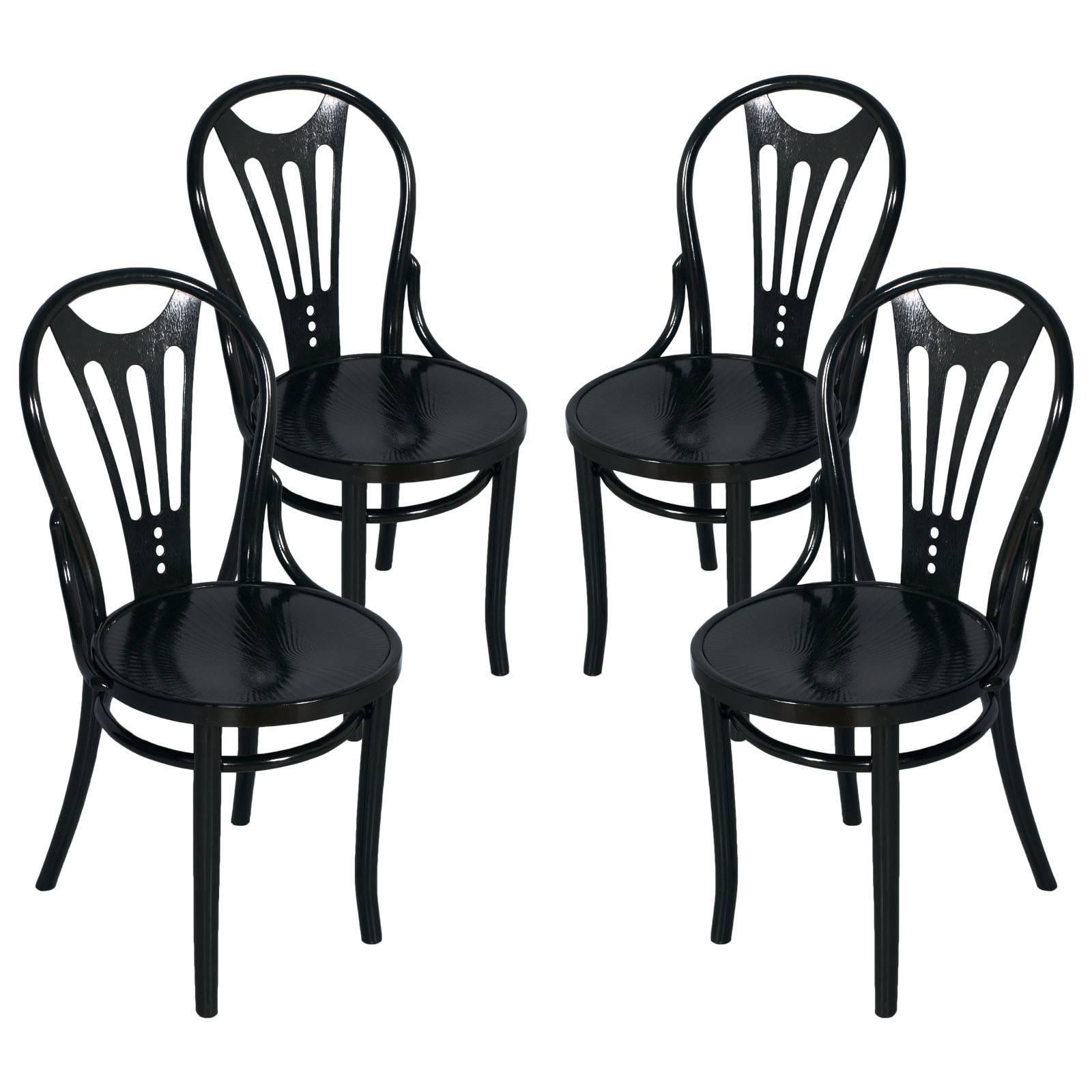 1910s Four Black Ebonized Thonet Chairs Art Nouveau Belle Epoque