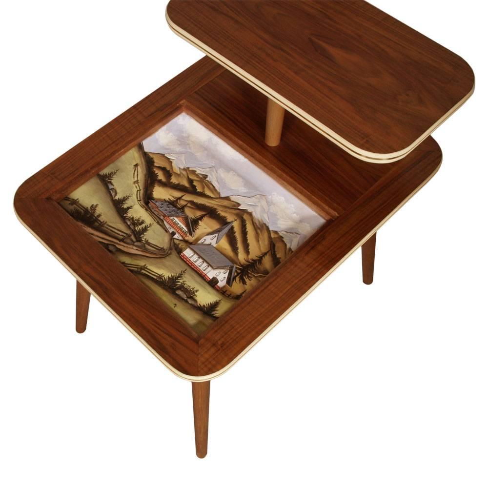 Code: FI37
Italian Mid-Century Modern decorative Service coffee table provenance famous Hotel Posta, in Cortina d'Ampezzo
Hand-painted oil on wood of Cortina landscape with glass protection.

Very special vintage design coffee table 1950s of the