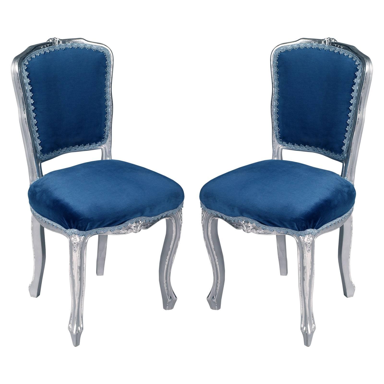 Luois XV  Venetian Side Chairs in silvered Hand-Carved Walnut, new upholstered