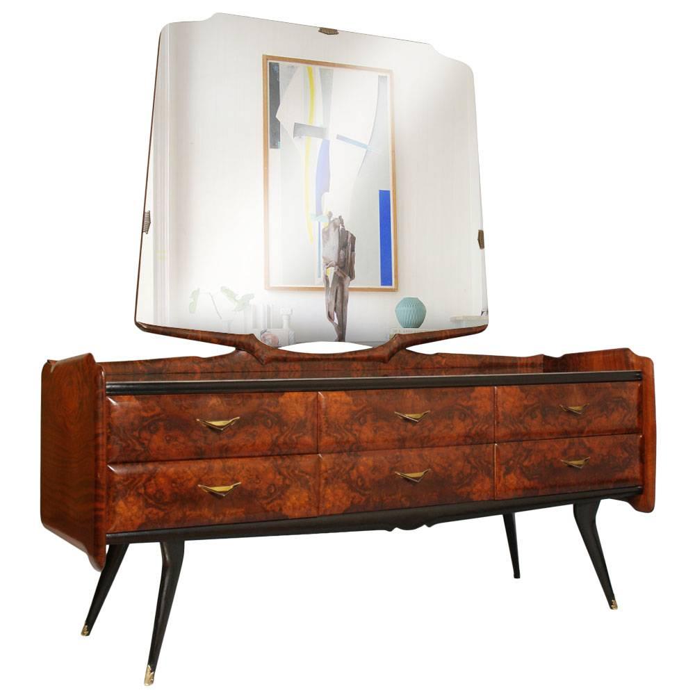 Mid-Century Modern Dresser Mirrored Sideboard , Style Osvaldo Borsani, in Burl For Sale