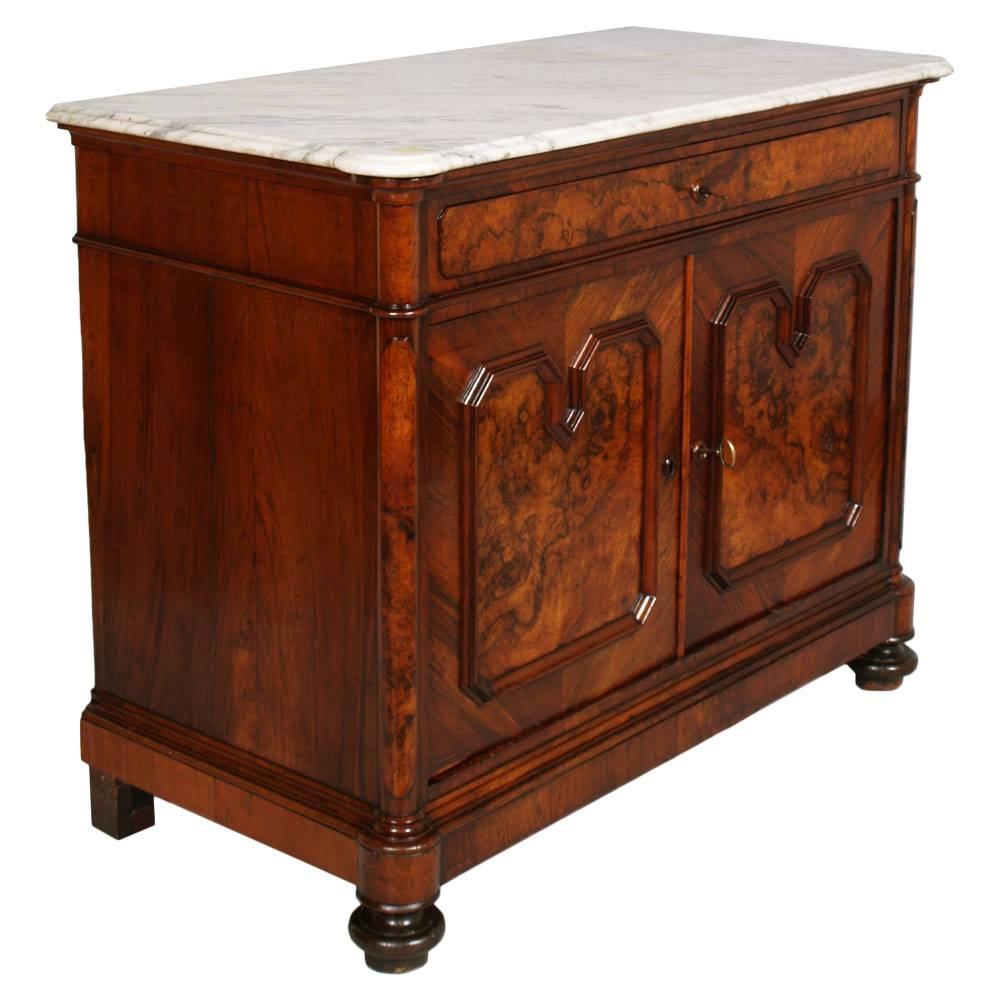 Néo-classique  Commode et coffre à tiroirs du XIXe siècle, commode avec miroir, marbre de Carrare, ronce de noyer en vente