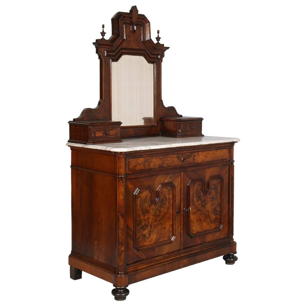  Commode et coffre à tiroirs du XIXe siècle, commode avec miroir, marbre de Carrare, ronce de noyer en vente