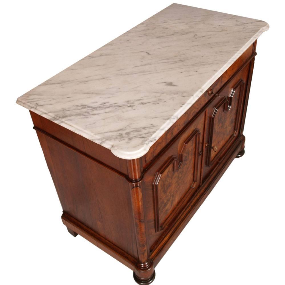 Italian  19th Century Chest of Drawers, commode with mirror, Carrara Marble, Burl Walnut For Sale