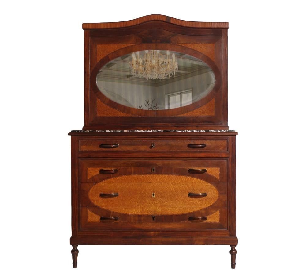 Code: FE96

Art Nouveau antique Italian pair marble top bedside tables and chest of Drawers with mirror. In walnut, walnut applied and elm burl applied.

Chests inlaid with walnut and maple, in the late nineteenth century Art Nouveau. Centre
