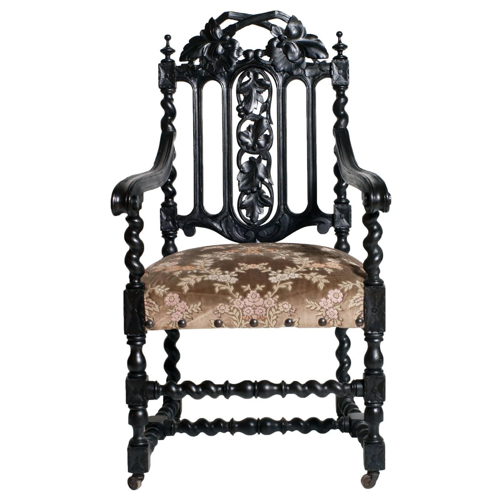 Important ebonized Baroque Venetian  armchair, circa 1780 Fratelli Mora.
Produced by Fratelli Mora in Bergamo, factory established in 1778. At that time the main production was made by the Venetian aristocracy Bergamo being an important city of the