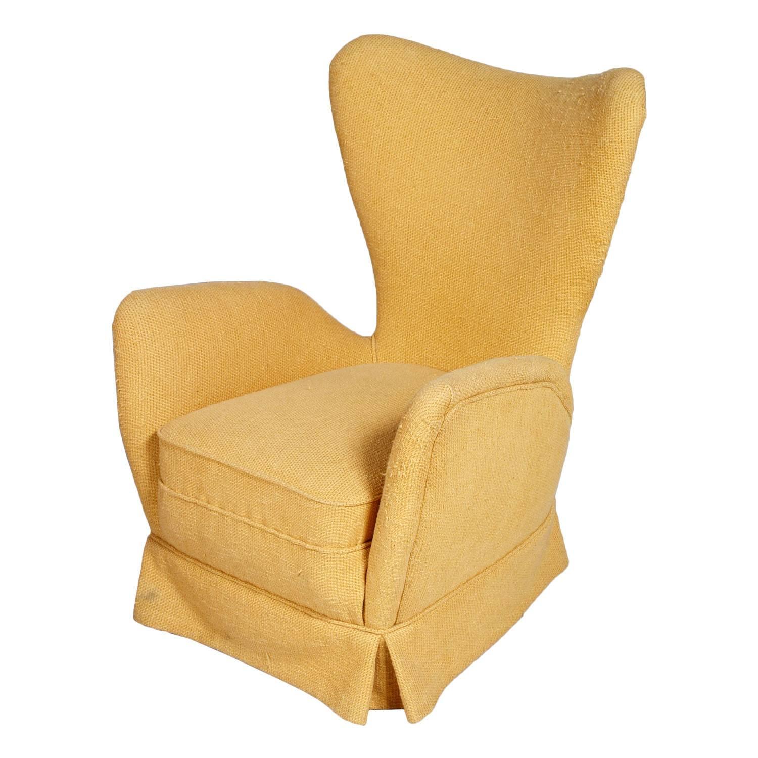 Mid-Century Armchair Gio Ponti Style Original Upholstery Light Yellow Raw Cotton