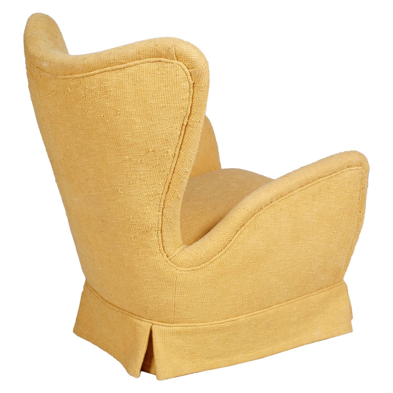 Italian Mid-Century Armchair Gio Ponti Style Original Upholstery Light Yellow Raw Cotton