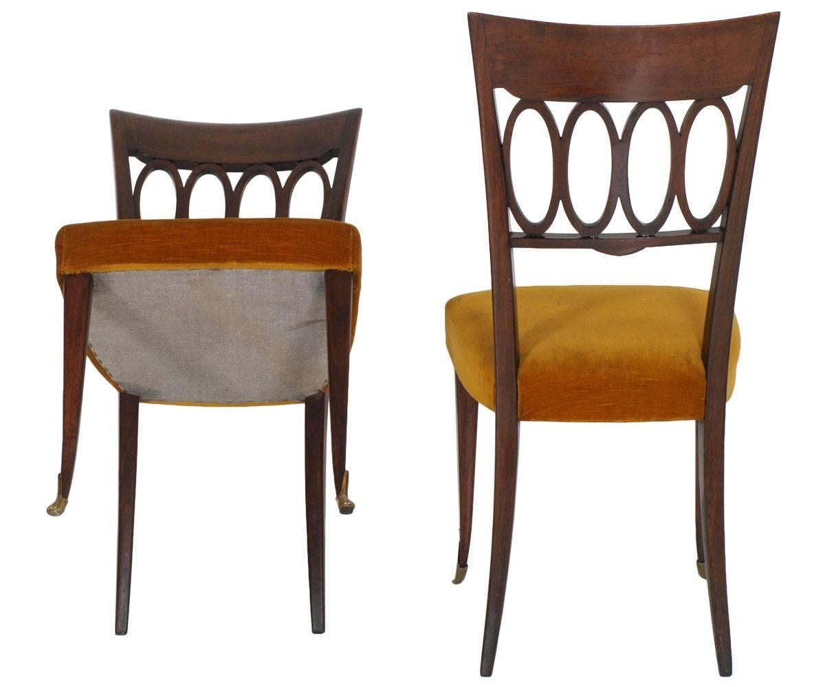 Mid-Century Modern 20th Mid-Century Four Chairs Paolo Buffa Manner Walnut Upholstered Yellow Velvet