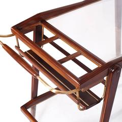 Italy Mid-Century Modern Cesare Lacca Trolley Bar Car, Walnut Crystal Gilt Brass