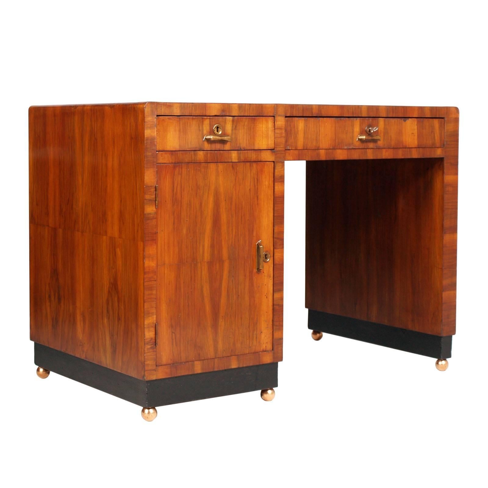 Art Deco Desk by Gaetano Borsani walnut veneer , lower ebonized , copper feet