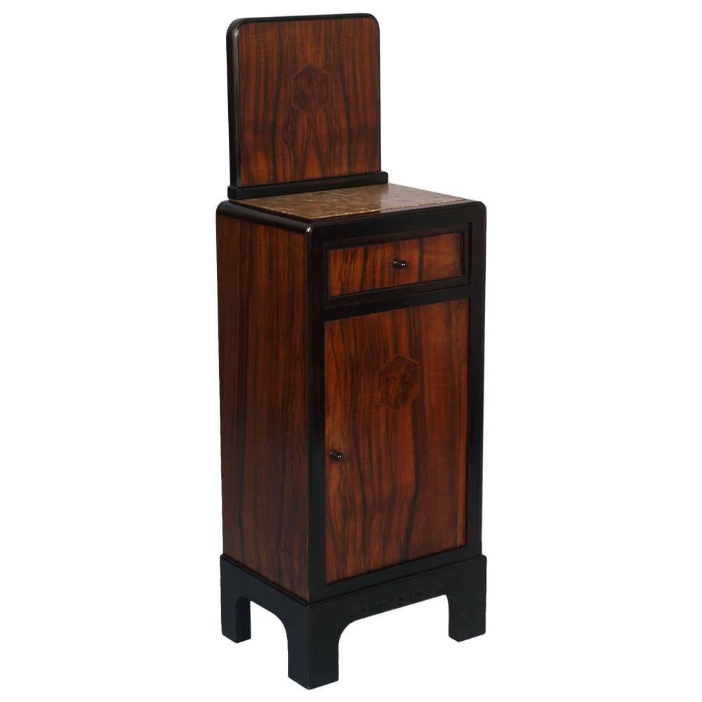 Art Deco 1940s Bedside Cabinet with Drawer Marble Top Walnut with Inlais