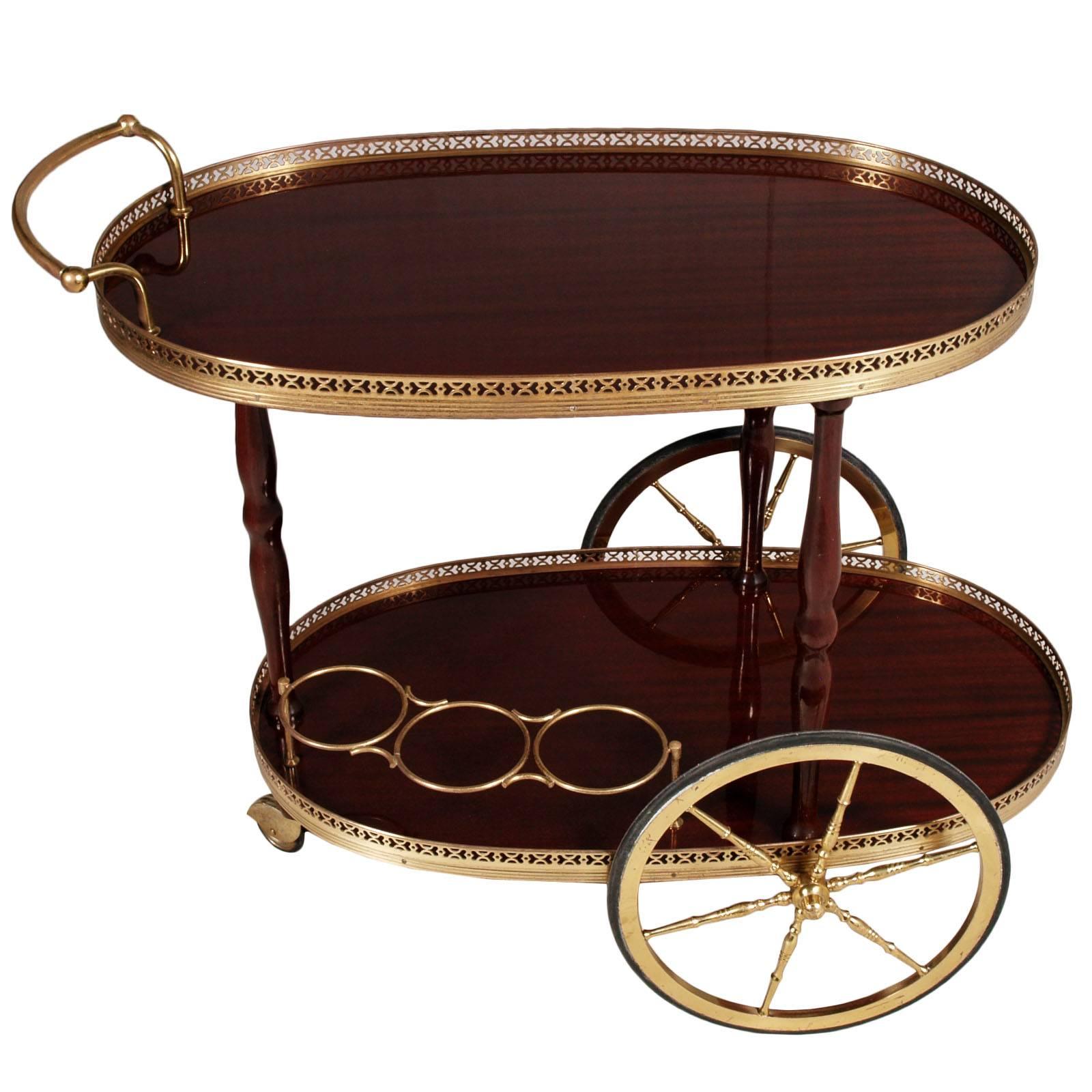 Early 20th Century Italian Bar Cart Gilt Brass Tops in Mahogany Vetrified, 1920s