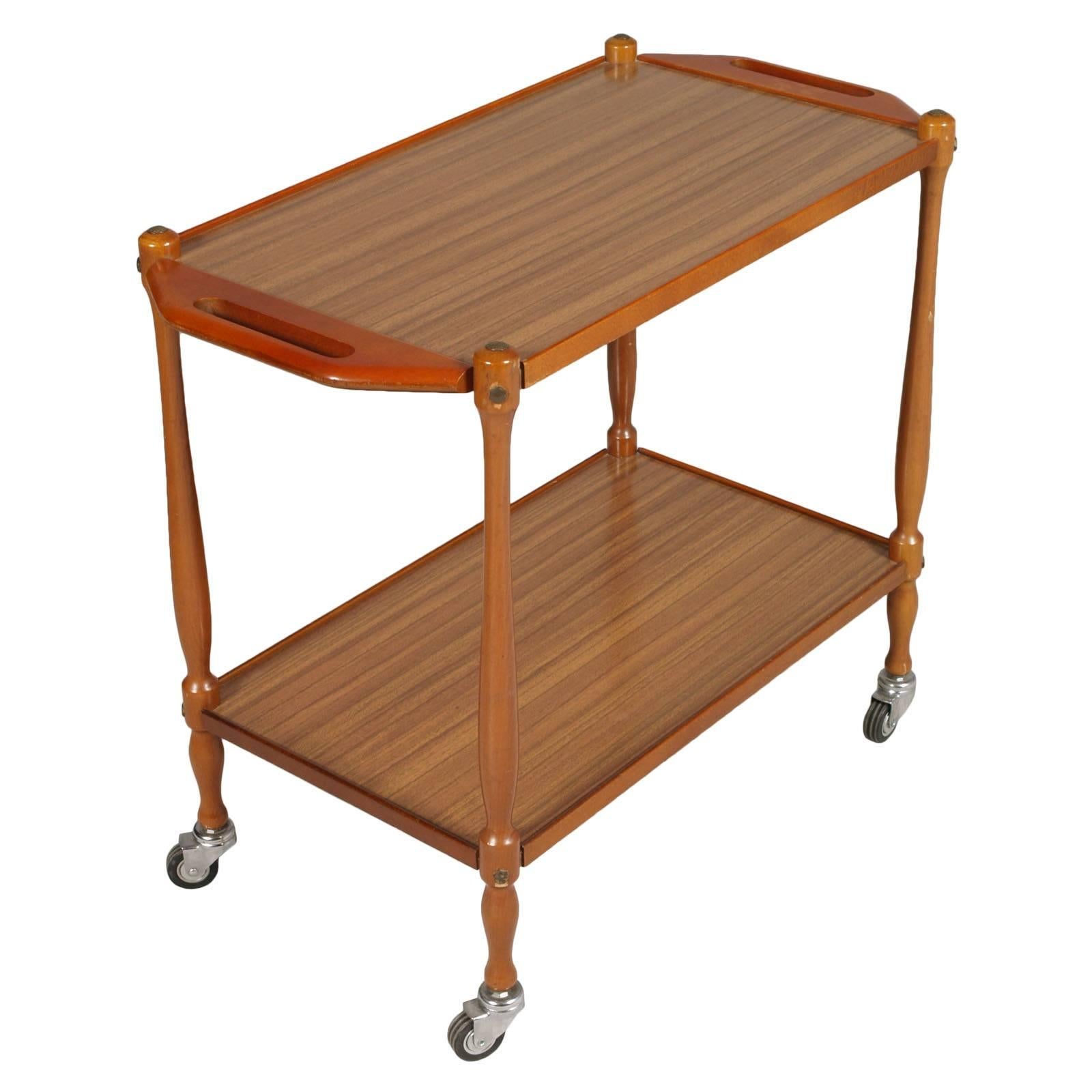 Italian Mid-Century Modern Bar Cart in wood Cherry and top Formica.  For Sale