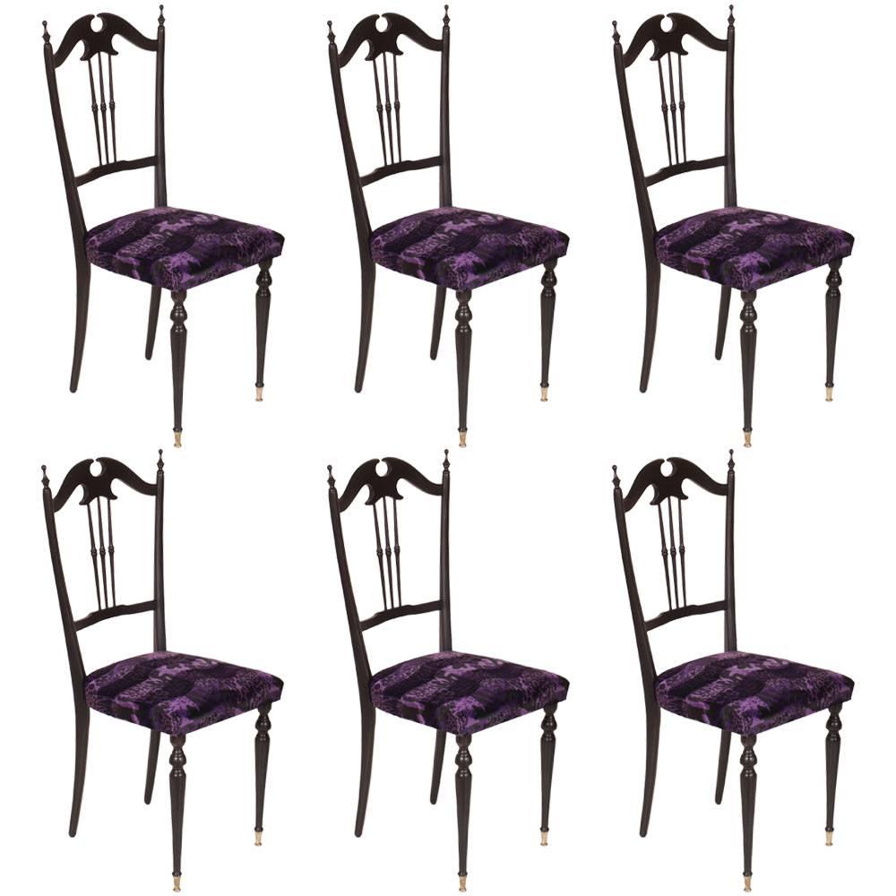 Mid-Century Modern Italian Set of Six Chiavari Chairs Restored and Reupholstered For Sale