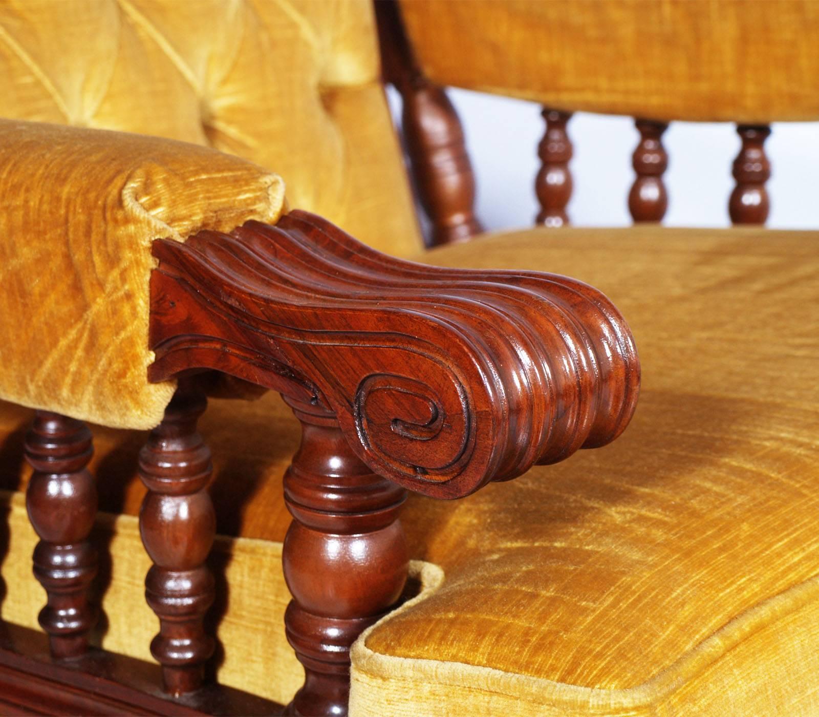 Turned Early 20th Century Armchairs in Walnut with original Yellow Velvet upholstery For Sale