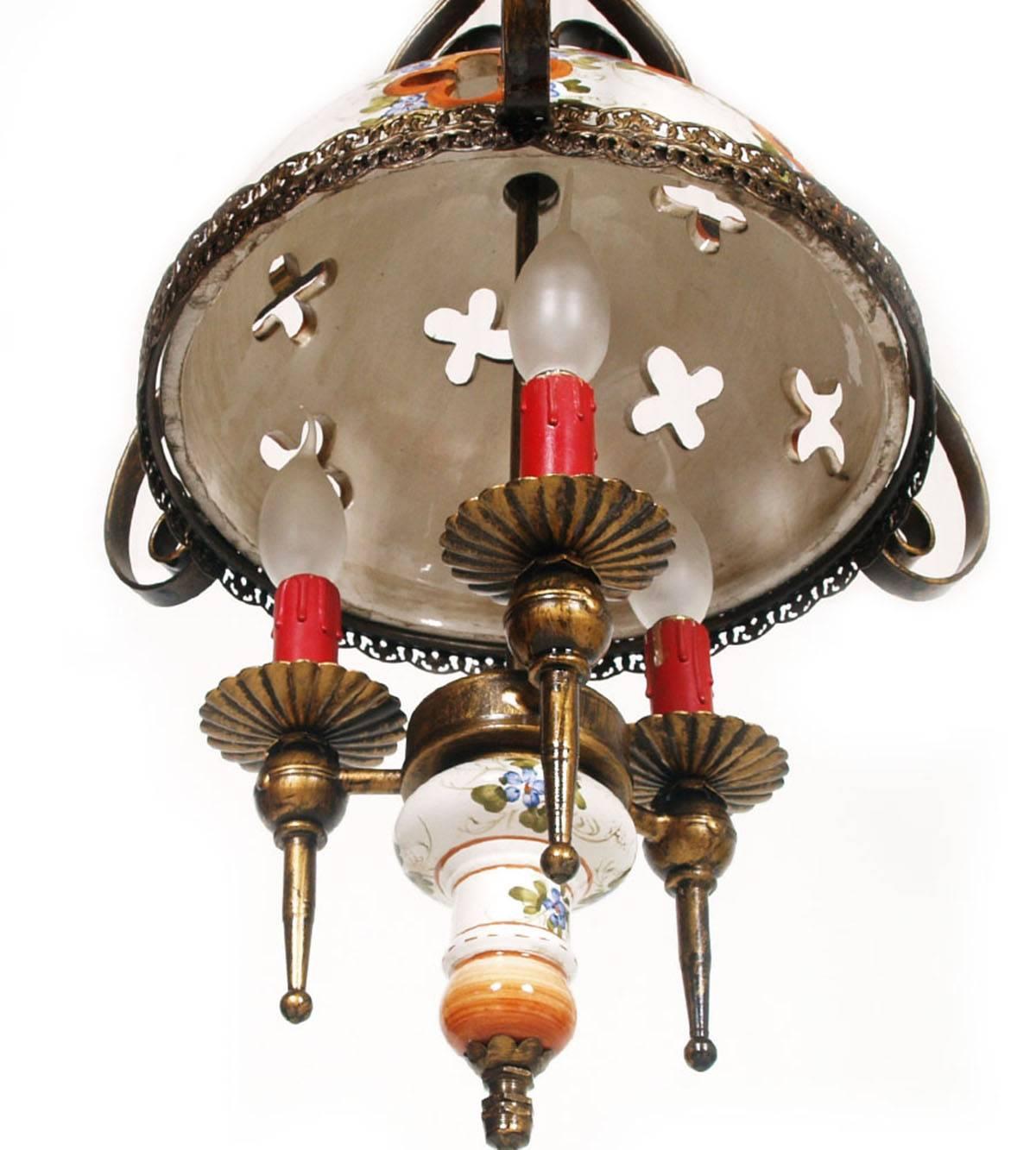 brass and hand painted ceramic chandelier