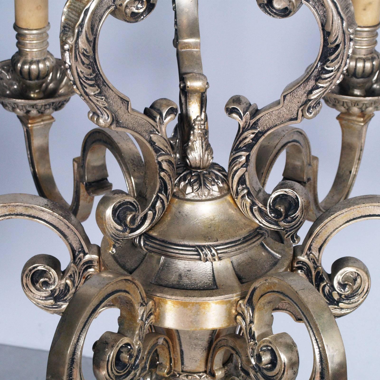 French Antique Six Lights Silver Plated Heavy Bronze Chandelier Baroque Louis XIV, 1890 For Sale