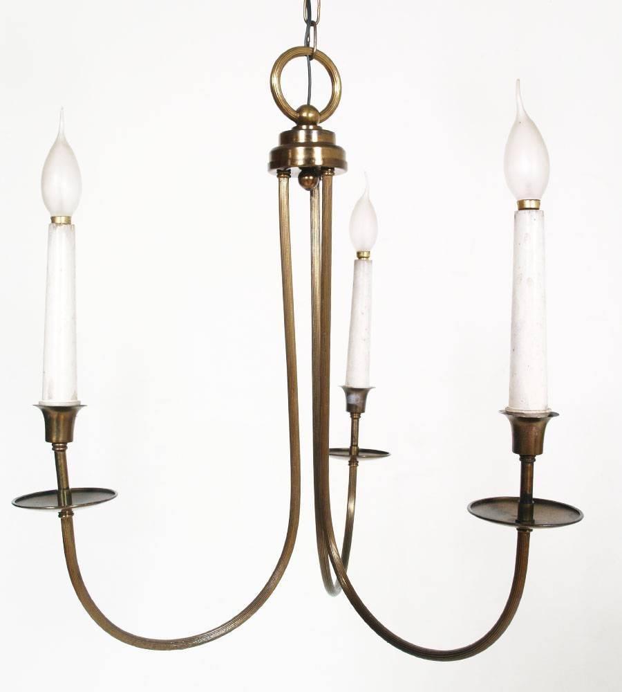 Gothic Revival Gothic Burnished Brass Chandelier Three Lights, in Ribbed Brass, Art Decò age For Sale