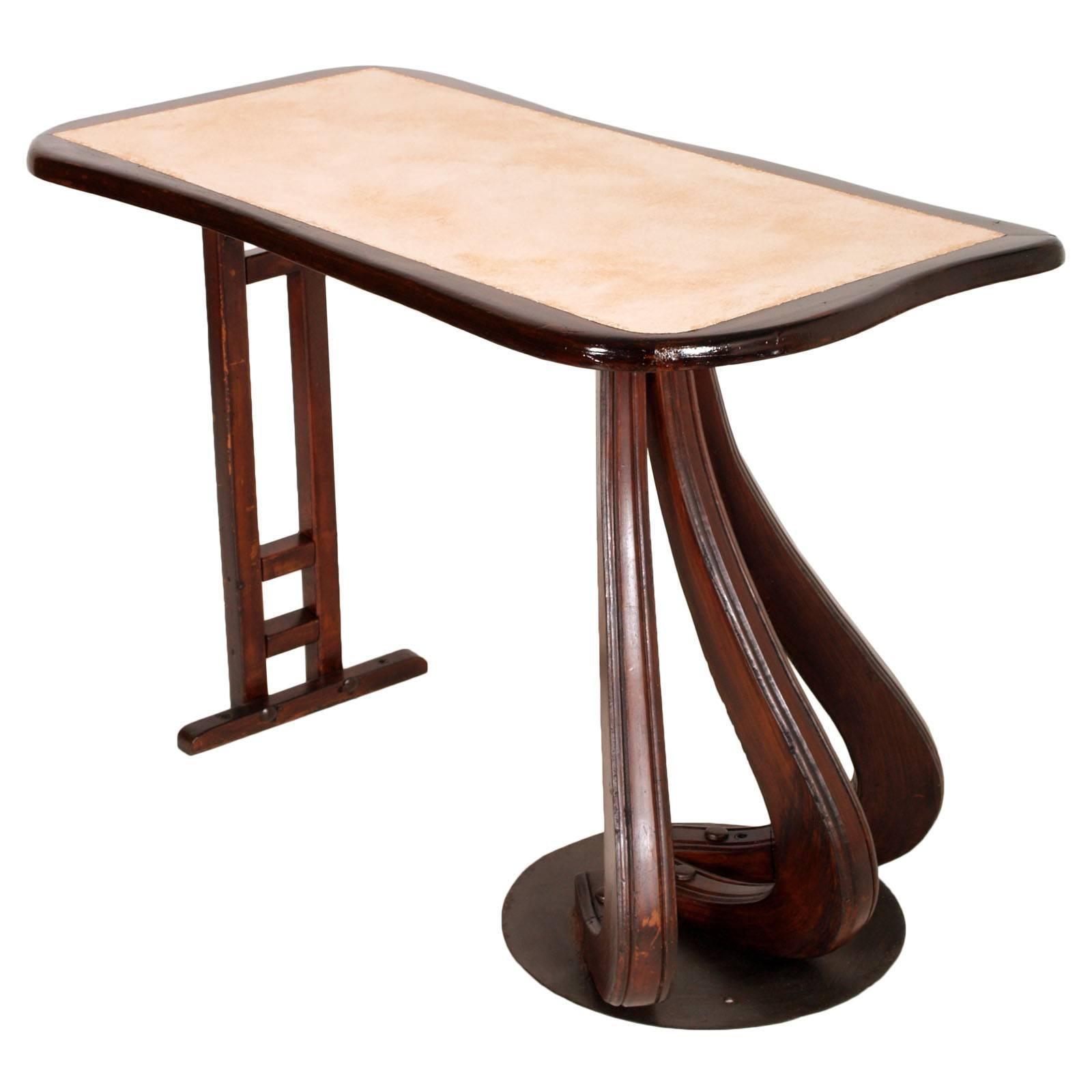 Carlo Mollino or Urlich style occasional table console, shelf,  in walnut, marbled top, lacquered steel circular foot, Guglielmo Urlich style

Measures cm: H 77 W 102 D 51.