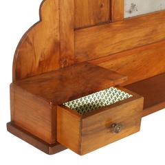 Art Nouveau Wall Mirror in Hand-Carved Blond Walnut with Shelf and Two Drawers