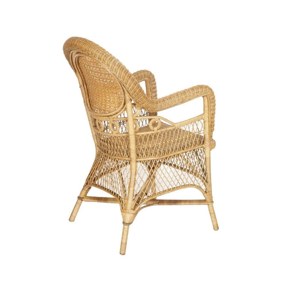 Italian mid century rattan chair by Franco Albini, 1960s
The backrest is finely decorated with soft, curved shapes and lines, enriched by intertwined decorative rounds in the lower part. The session ends with a curvature of the structure. 
This