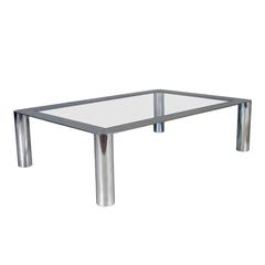 Mid Century Coffee Table Chromed Steel, Crystal Top, Frattini Per Cassina Manner