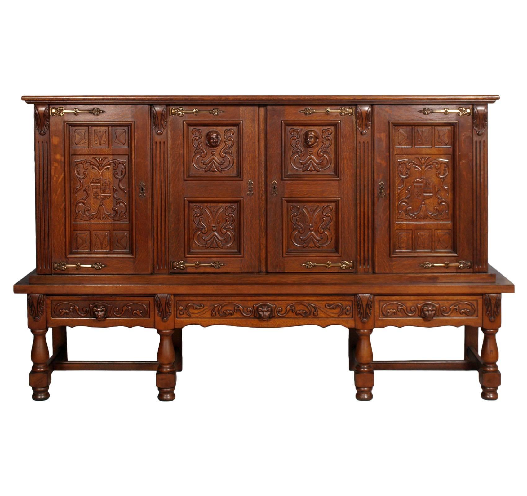 Early 20th Century Carved Sideboard Cabinet Bookcase, Spanish, Renaissance Style For Sale