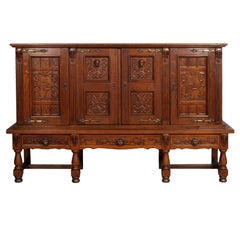 Antique Early 20th Century Carved Sideboard Cabinet Bookcase, Spanish, Renaissance Style