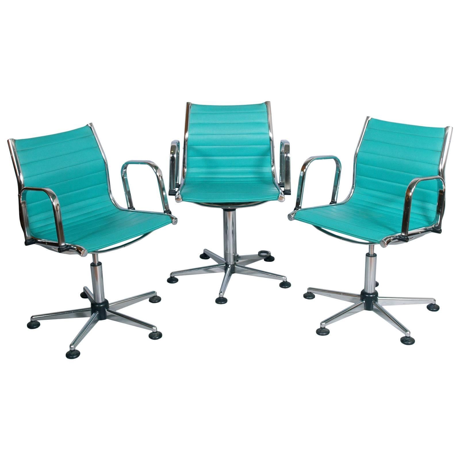 1960s Set Desk Chairs, Chromed Steel, Leatherette Upholstered, Adjustable Height For Sale