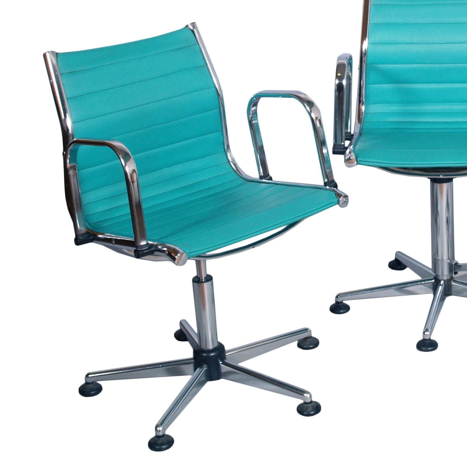 Mid-Century Modern 1960s Set Desk Chairs, Chromed Steel, Leatherette Upholstered, Adjustable Height For Sale