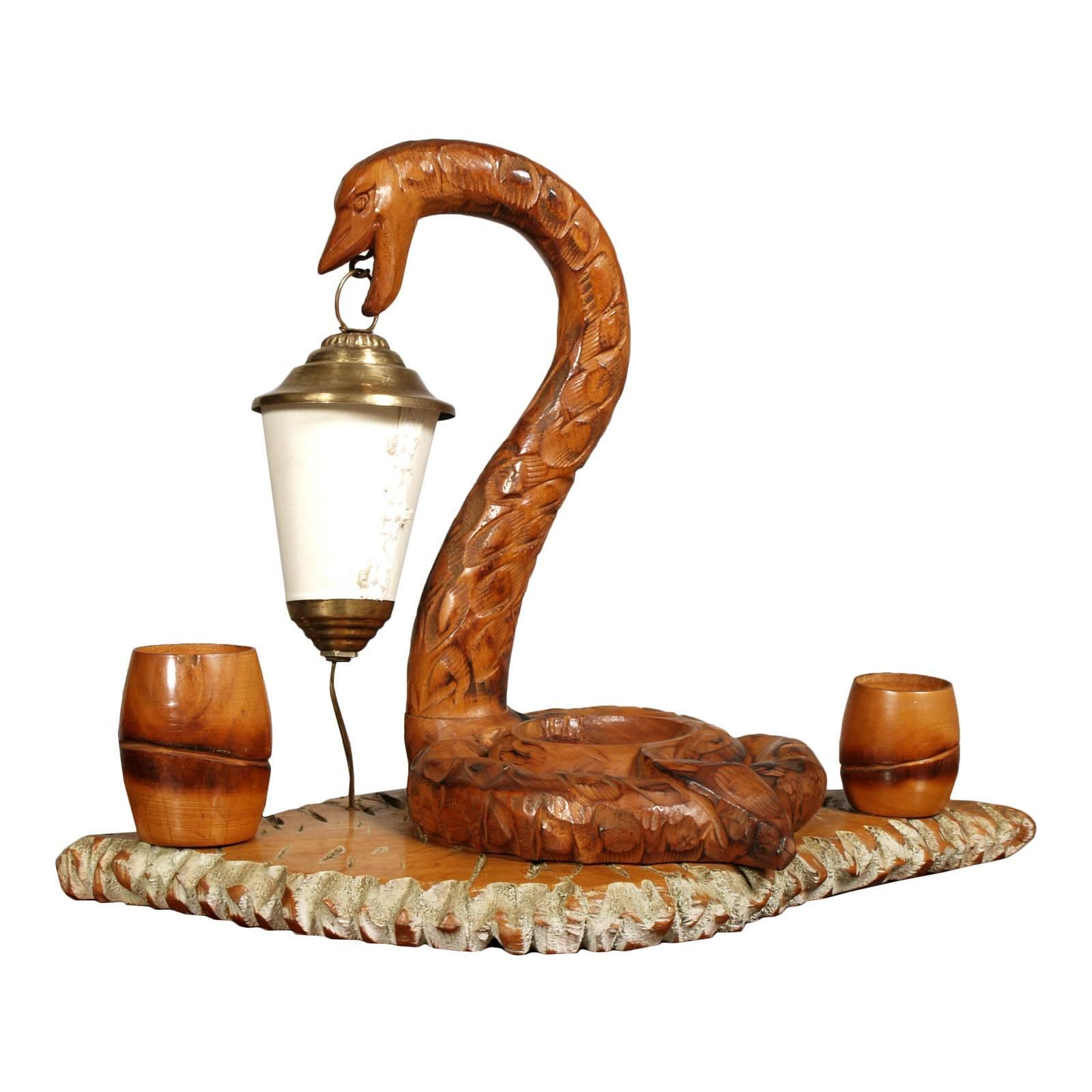 Art Deco Snake Lamp, by Aldo Tura, Ashtray Service Cigarettes Hand-Carved Walnut For Sale