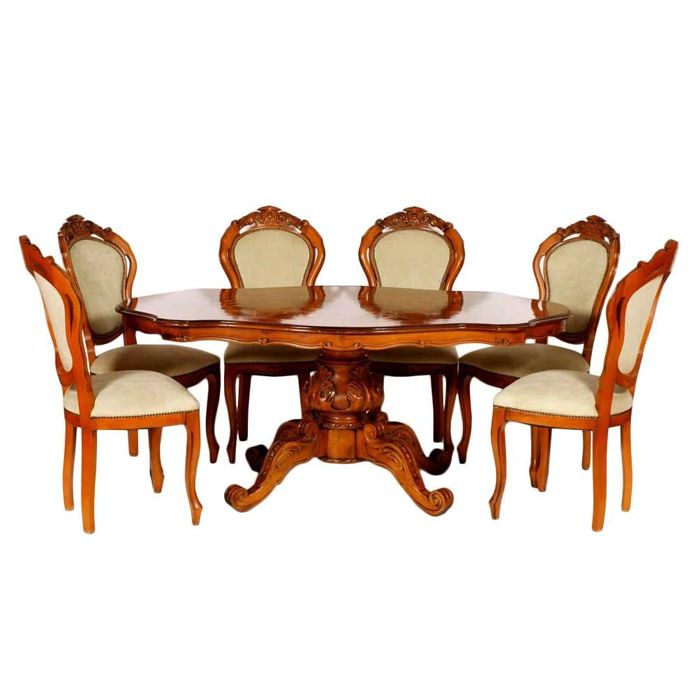 Barocktisch und Stühle des frühen 20. Jahrhunderts, handgeschnitztes blondes Nussbaumholz