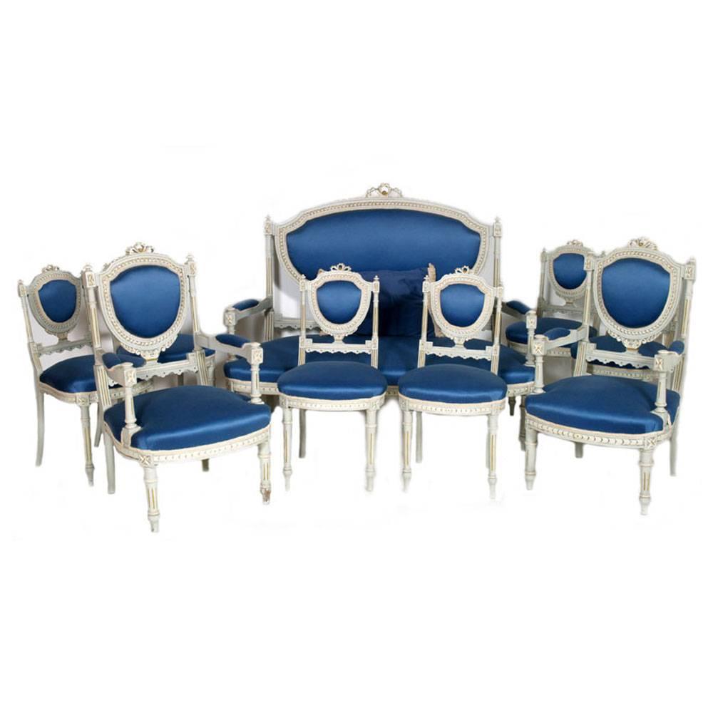 Suite de salon de style gustavien Louis XVI du 19ème siècle 1 canapé 6 chaises 2 fauteuils 