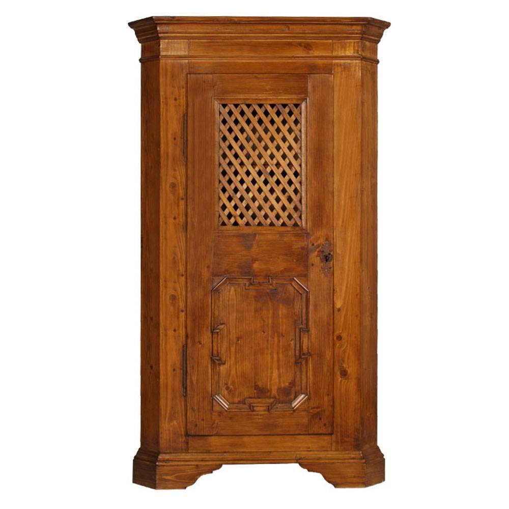 Early 19th Century Tyrol Country Corner Rustic Cupboard Solid Wood Pine Restored For Sale