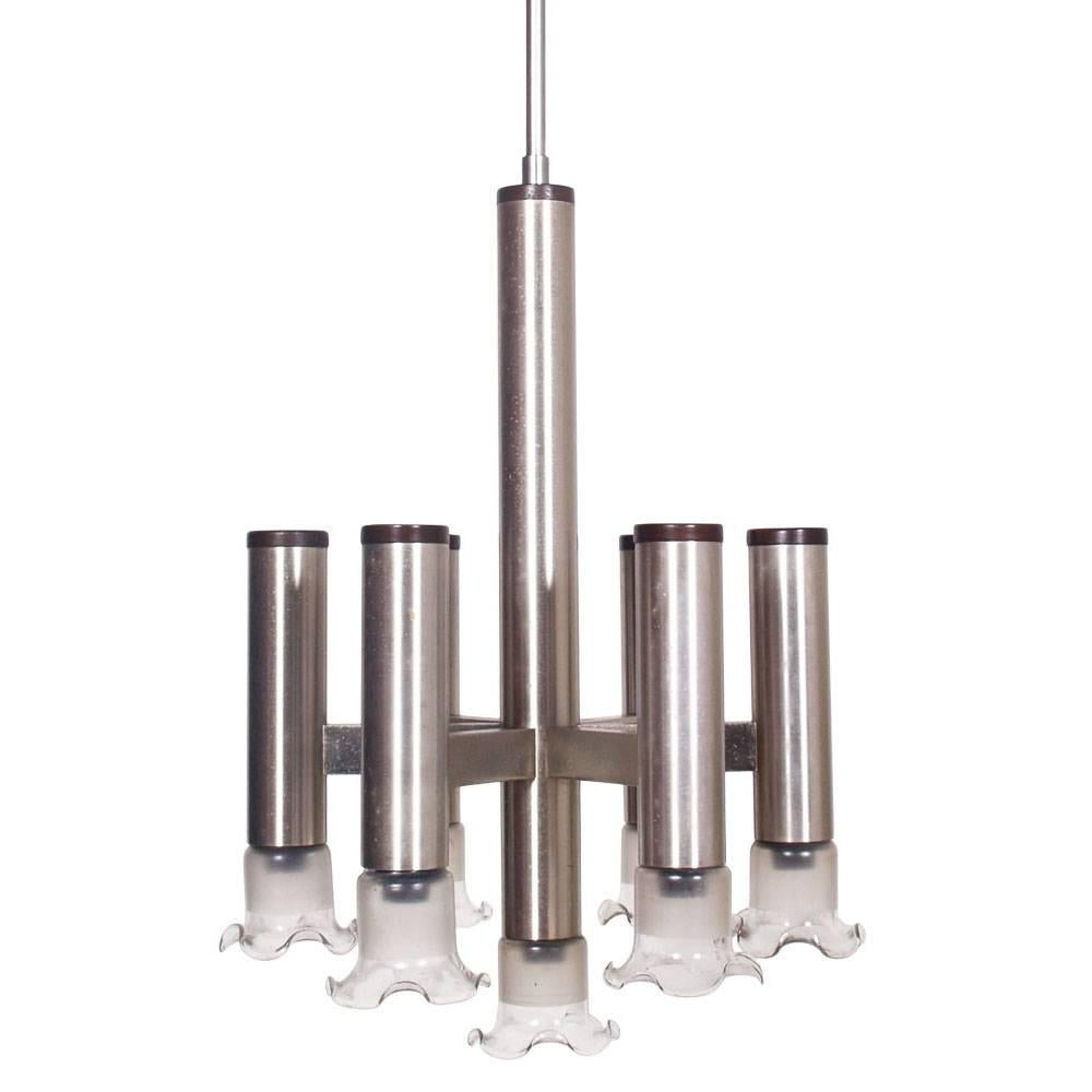 1970s space age modernist chandelier in chromed steel and Murano glass to seven lights design Gaetano Sciolari for Mazzega
Ready-to-use renewed electrical system.

Measures cm: H 110, Diam 45.