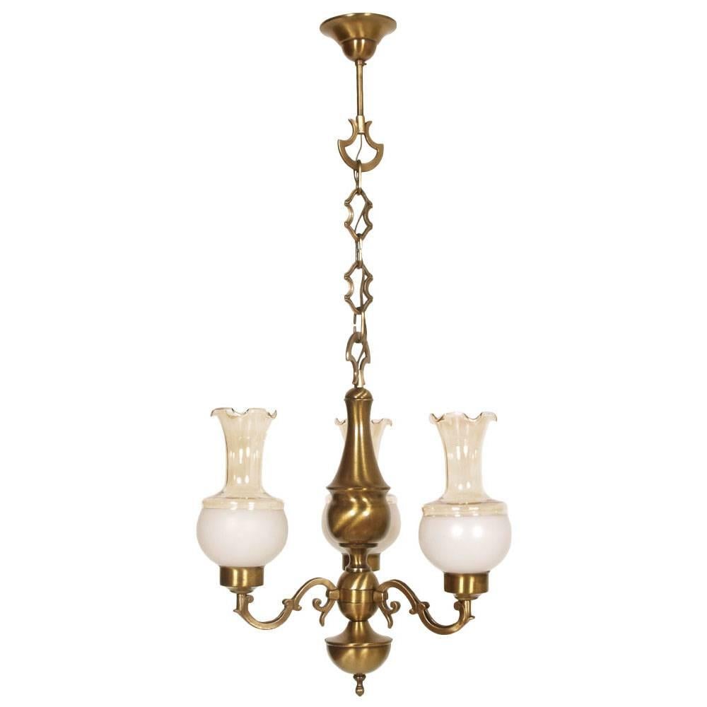 1940s  Baroque Chandelier, Three Lights, Golden Brass, Murano Glass lampshade