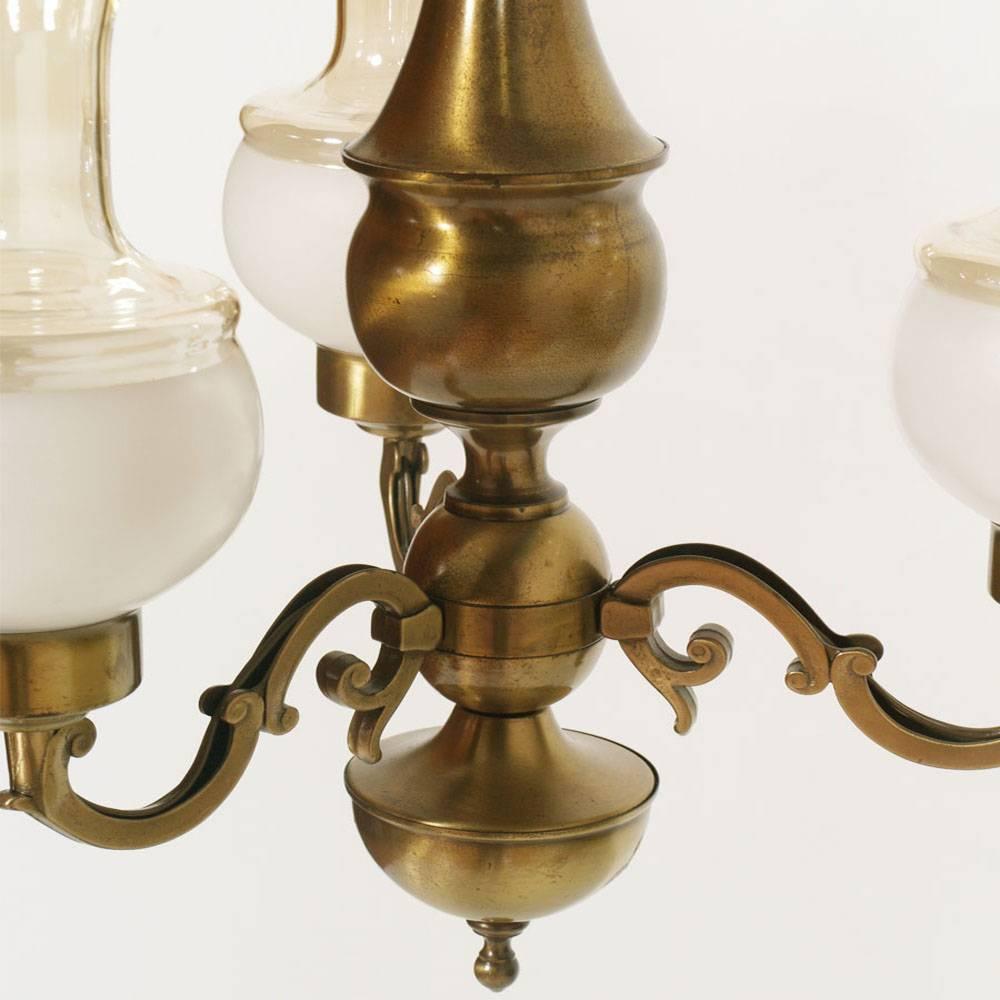 Baroque Revival 1940s  Baroque Chandelier, Three Lights, Golden Brass, Murano Glass lampshade For Sale