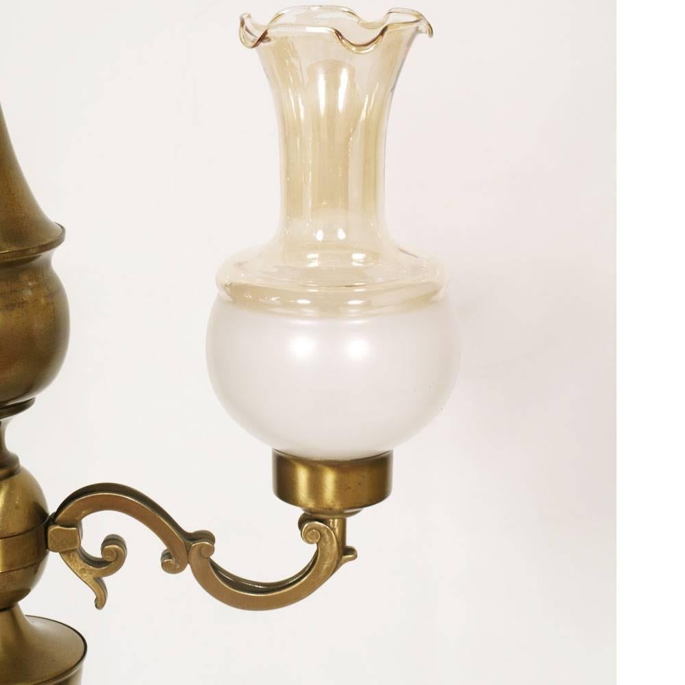 Italian 1940s  Baroque Chandelier, Three Lights, Golden Brass, Murano Glass lampshade For Sale