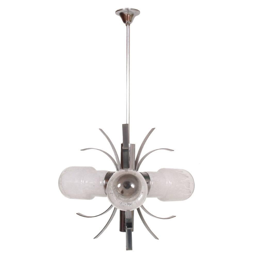 1960s Chandelier Three Lights in Steel and Murano Glass. Explosion by Mazzega For Sale