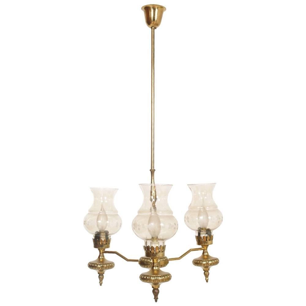 1920s Art Deco Chandelier Three Lights, Golden Brass and Murano Glass, Restored For Sale
