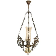 Art Nouveau Chandelier in Bronze, Hand-Painted Bassano Ceramic and Murano Glass