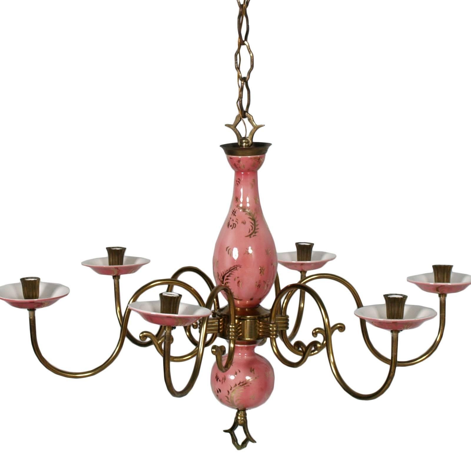 Very elegant Art Deco six-light Florence chandelier, in gold decorated porcelain and gilt brass
Renewed and functioning electrical system

Measure cm: H 110 x D 80.